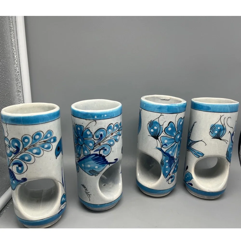 4 Tonala Pierced Tumblers Blue Bird , Flowers Hand Painted Vtg Mexico‎ Pottery